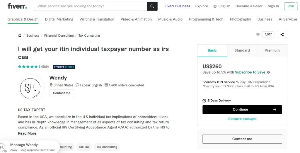 Getting an ITIN tax ID number online only cost $260